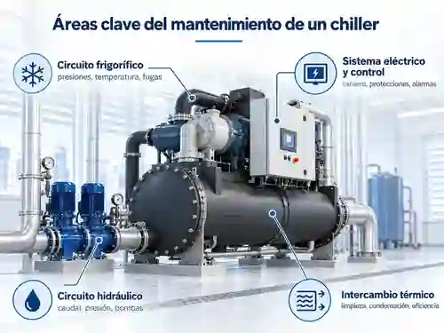 Áreas clave del mantenimiento de un chiller: circuito frigorífico, circuito hidráulico, sistema eléctrico y control e intercambio térmico