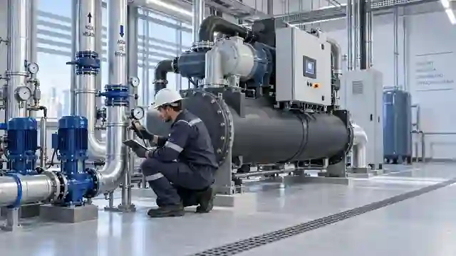Técnico realizando inspección y mantenimiento de un chiller y su sistema de agua helada