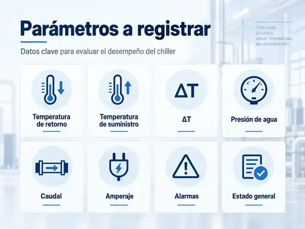 Parámetros a registrar durante el mantenimiento de un chiller: temperatura de retorno, temperatura de suministro, diferencial térmico, presión de agua, caudal, amperaje, alarmas y estado general